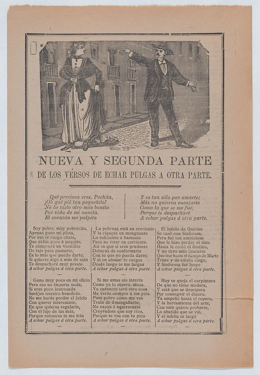Broadsheet relating to a poor man who is in love with a wealthy woman but cannot provide for her, couple arguing on the street — Antonio Vanegas Arroyo|José Guadalupe Posada