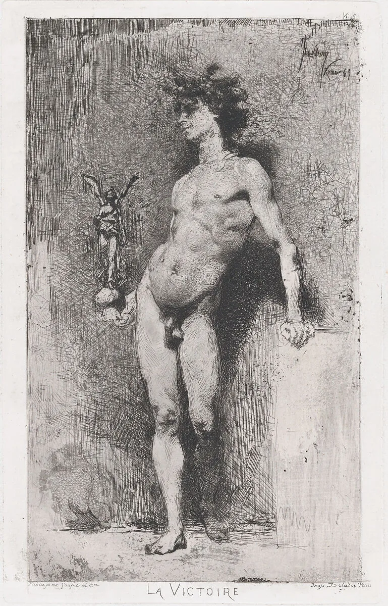 Victory: a naked youth standing facing left holding a statue of winged Victory in his right hand — Adolphe Goupil|Auguste Delâtre|Mariano Fortuny, 1838–1874