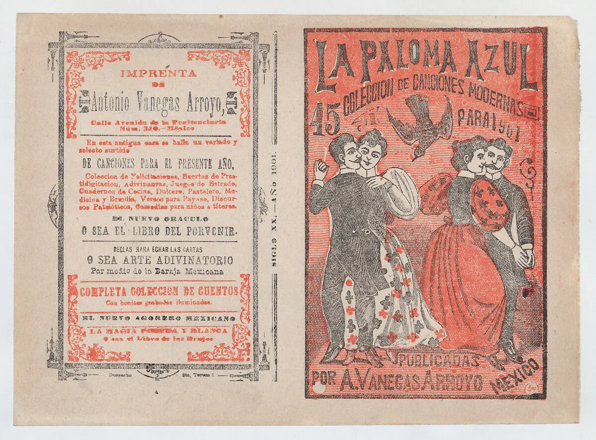 Cover for 'La Paloma Azul : Coleccion de Canciones Modernas Para 1901', two couples dancing while a dove flies in between them — Antonio Vanegas Arroyo|José Guadalupe Posada