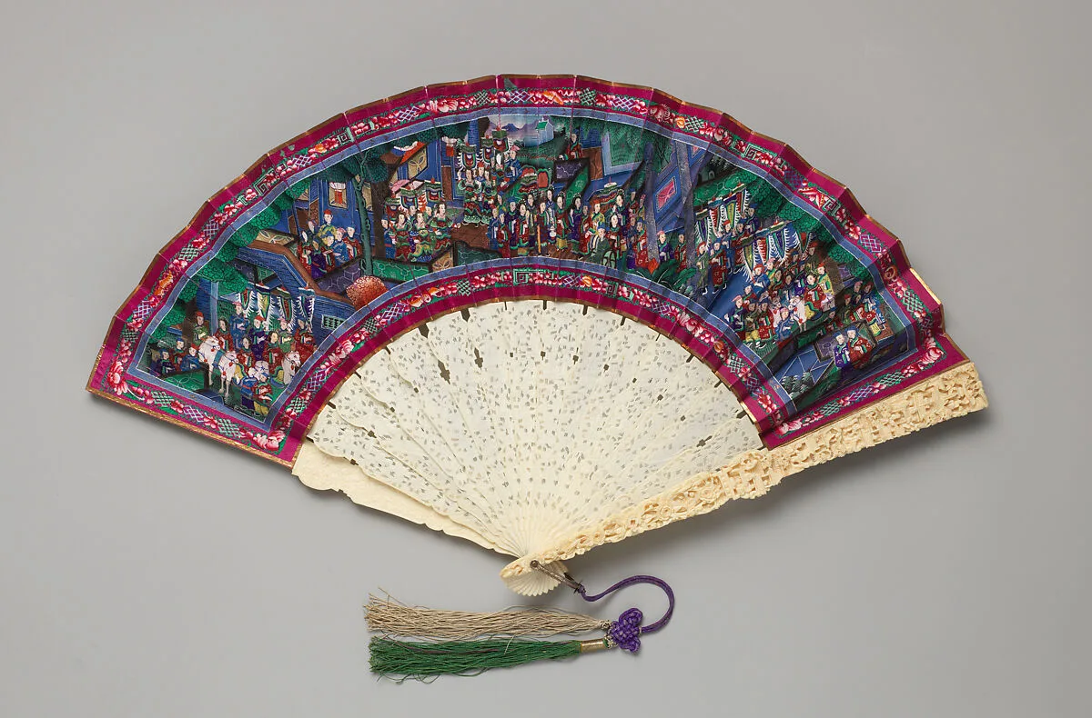 Folding Fan with Scene of Figures in a Courtyard Garden — Unknown