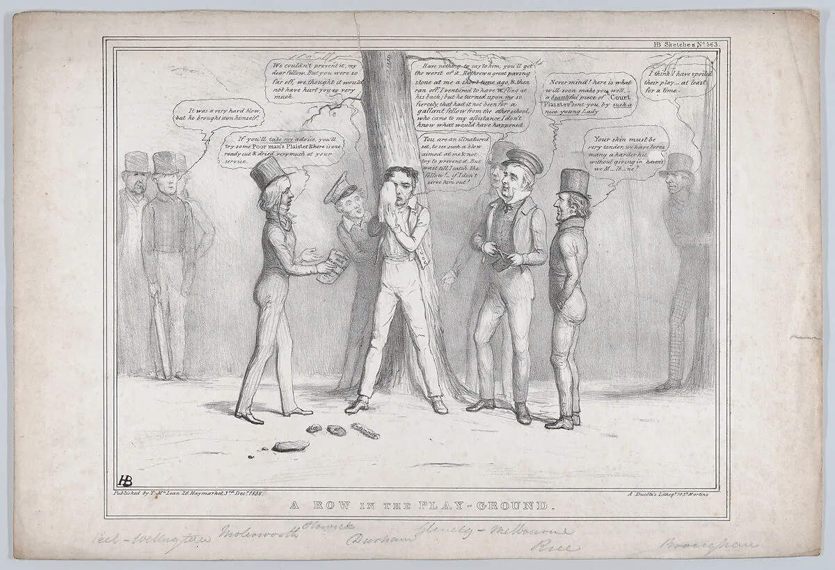 A Row in the Play-Ground — Henry George Grey, 3rd Earl Grey|Henry Peter, 1st Baron Brougham and Vaux|Charles Grant, Baron Glenelg|John Doyle|Sir William Molesworth|Arthur Wellesley, 1st Duke of Wellington|Sir Robert Peel|William Lamb, 2nd Viscount Melbourne|Alfred Ducôte|Thomas McLean|Thomas Spring Rice, 1st Baron Monteagle|John George Lambton, 1st Earl of Durham