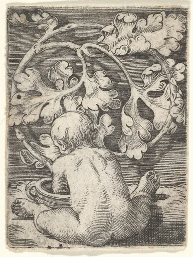 Naked Child Seen from Back Seated in Front of a Vessel