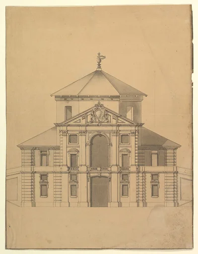 Elevation for a Building with an Octogonal Cupola and two stoy Pendimenting Facades