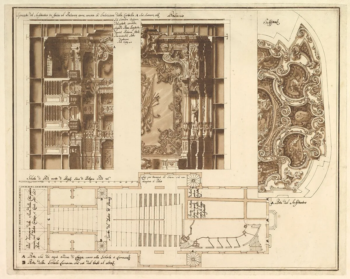 Designs for the Theater at Nancy: View of Half the Proscenium and a Half a Section of It; End of the Ceiling; and Ground Plan — Francesco Galli Bibiena