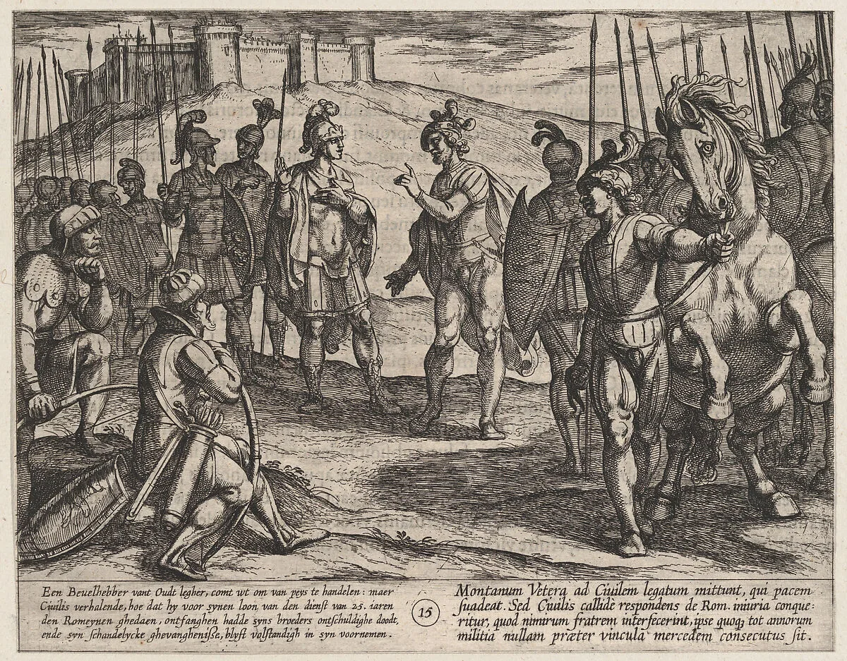 Plate 15: Civilis Treating with a Roman Commander, from The War of the Romans Against the Batavians (Romanorvm et Batavorvm societas) — Antonio Tempesta|Otto van Veen