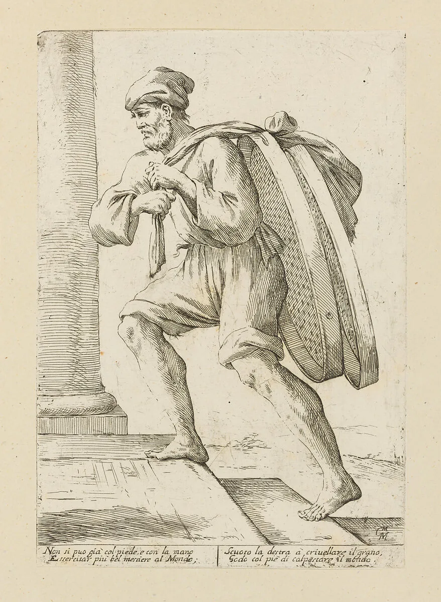 Vendor of Grain Sifters, from Di Bologna l'Arti per via D'An.ibal' Ca.rac, plate 26 — Giuseppe Maria Mitelli|Annibale Carracci|Giovanni Giacomo De Rossi