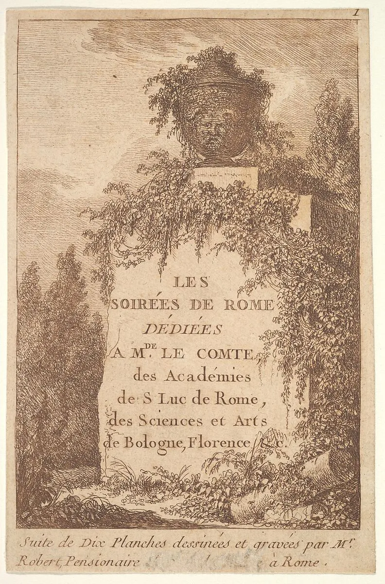 Title page: a wall in center surrounded by ruins and poplar trees, surmounted by a vase decorated with the head of a satyr, from "Les soirées de Rome" — Hubert Robert