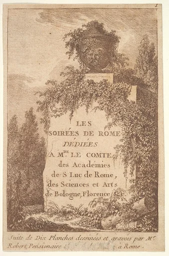 Title page: a wall in center surrounded by ruins and poplar trees, surmounted by a vase decorated with the head of a satyr, from "Les soirées de Rome"