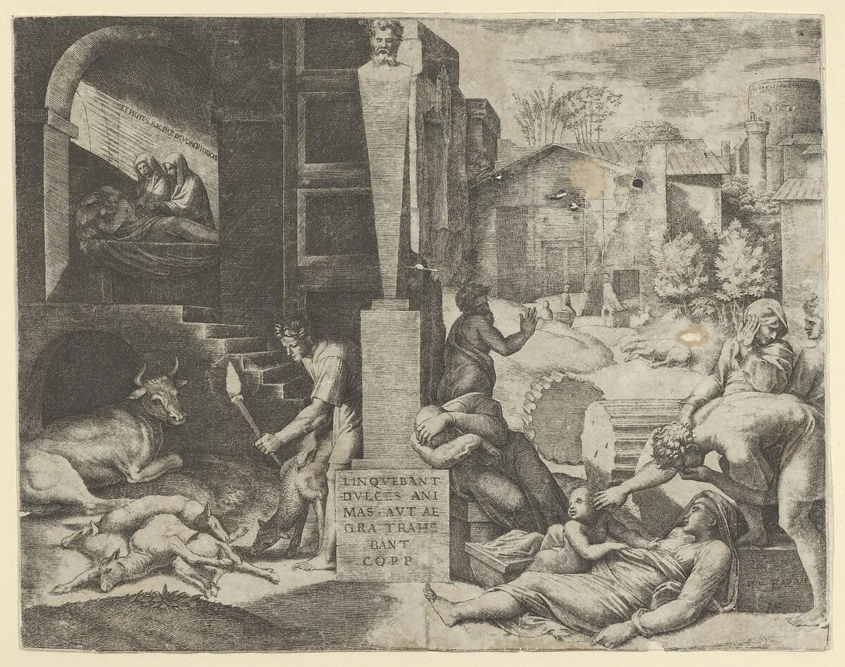 A plague scene at right, a man at left holding a torch illuminating part of the scene, ill people at the right — Marcantonio Raimondi|Raphael (Raffaello Sanzio or Santi)