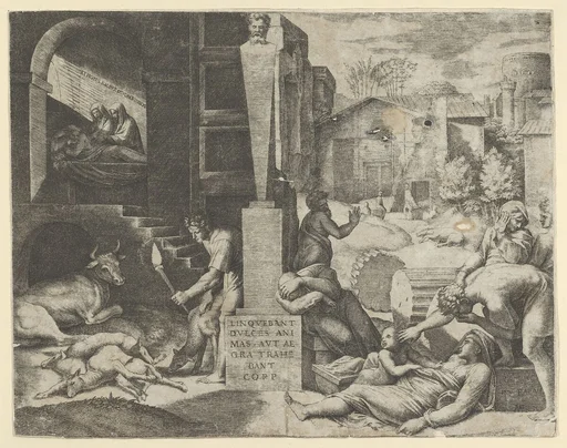 A plague scene at right, a man at left holding a torch illuminating part of the scene, ill people at the right