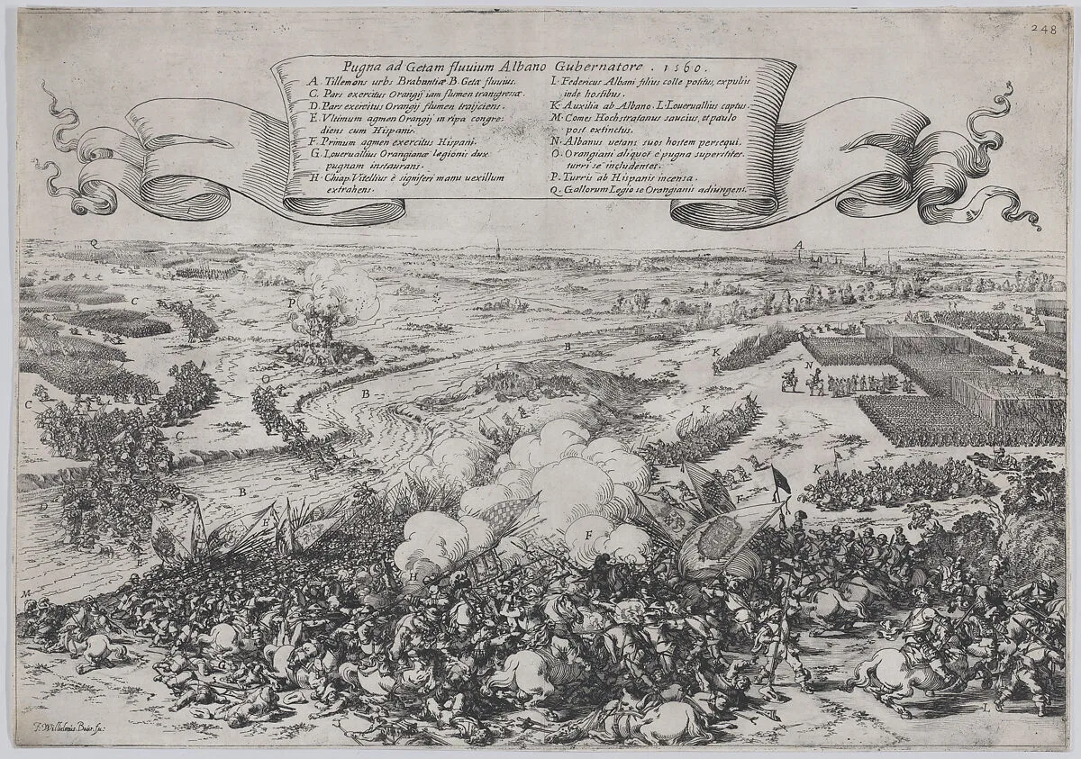 Battle scene: forces led by William of Orange crossing the Gete River to attack the Duke of Alba's army, from 'De Bello Belgico' — Johann Wilhelm Baur|Francesco Corbelletti|Famiano Strada