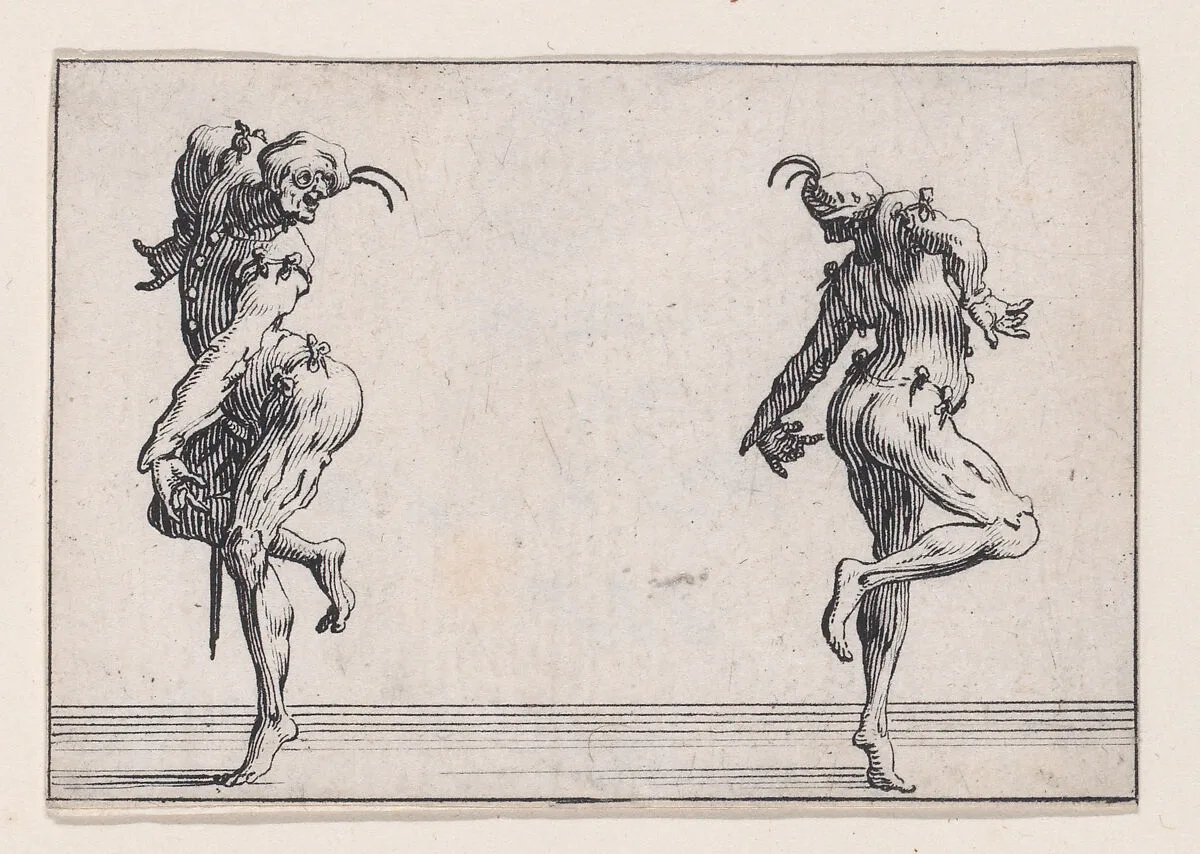 Les Deux Pantalons se Tournant le Dos (Two Men in Pantsuits Turned Away from Each Other), from Les Caprices Series A, The Florence Set — Jacques Callot|Lorenzo de' Medici