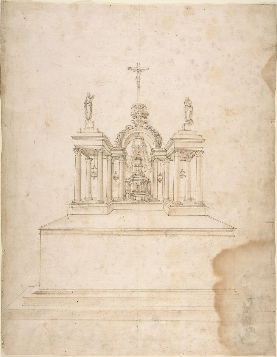 Design for a Tabernacle Surmounted by Christ on the Cross and Praying Figures (the Virgin and Saint John?) — Galeazzo Alessi