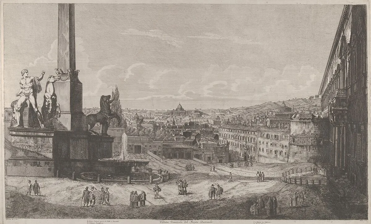 View of the Quirinal Hill in Rome with the fountain of the horse tamers at left — Luigi Rossini
