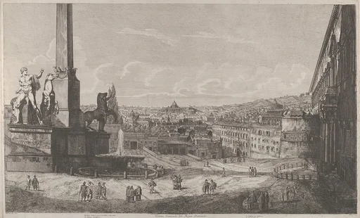 View of the Quirinal Hill in Rome with the fountain of the horse tamers at left