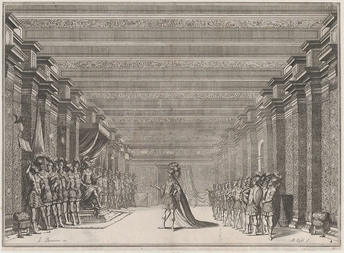 Throne room with a man in classical armor standing at center addressing a man seated on a throne at left; soldiers lined on either side of the room; set design from 'Il Fuoco Eterno' — Ludovico Ottaviano Burnacini|Mathäus Küsel