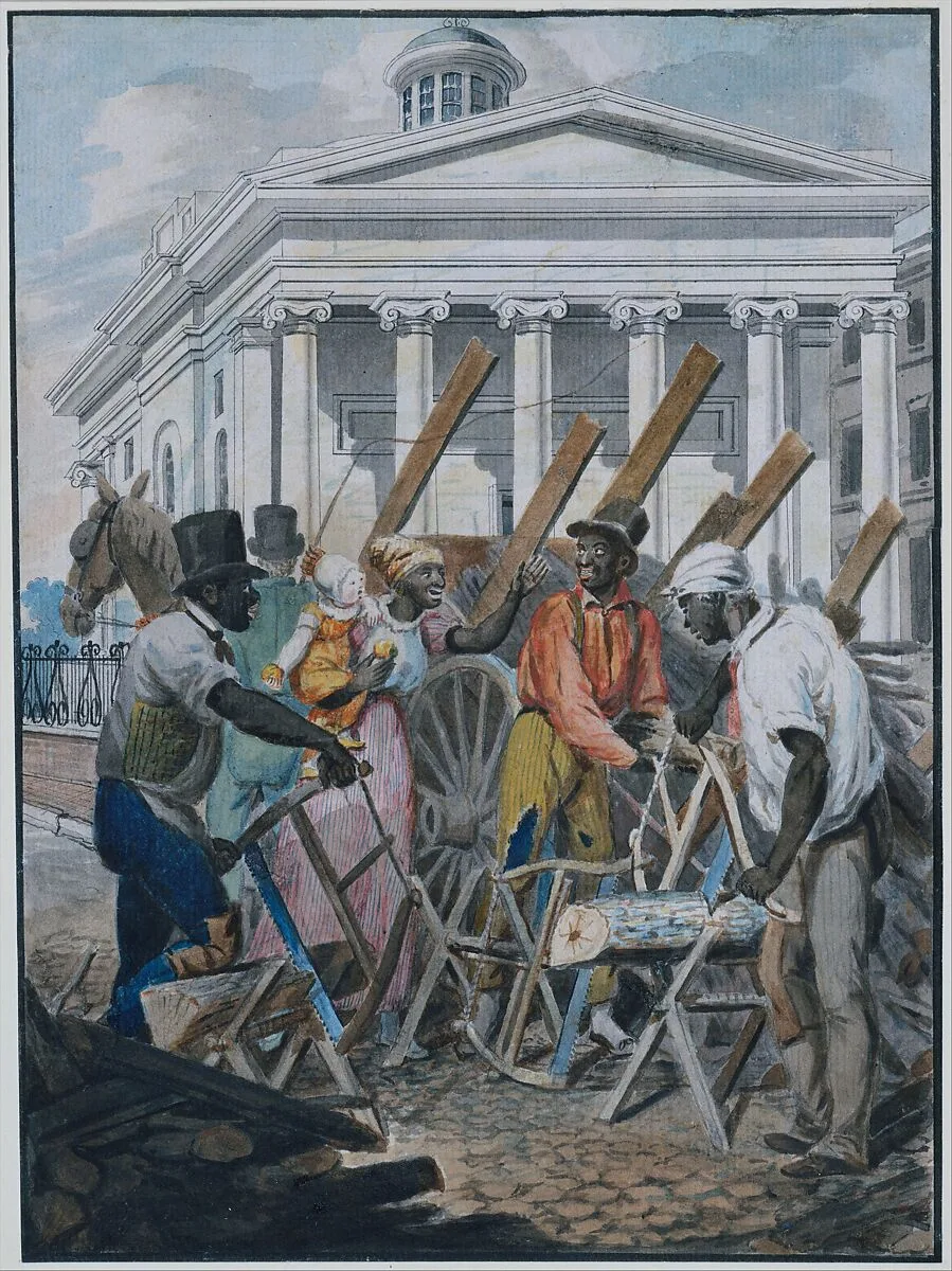 Black Sawyers Working in front of the Bank of Pennsylvania, Philadelphia — John Lewis Krimmel|Pavel Petrovich Svinin