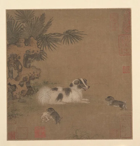 明 佚名 犬戲圖 冊頁|Puppies Playing beside a Palm Tree and Garden Rock