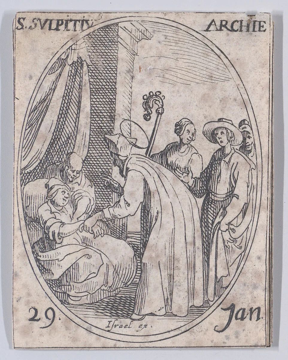 S. Sulpice, archevêque (St. Sulpitius, Archbishop), January 29th, from "Les Images De Tous Les Saincts et Saintes de L'Année" (Images of All of the Saints and Feast Days of the Year) — Jacques Callot|Israël Henriet