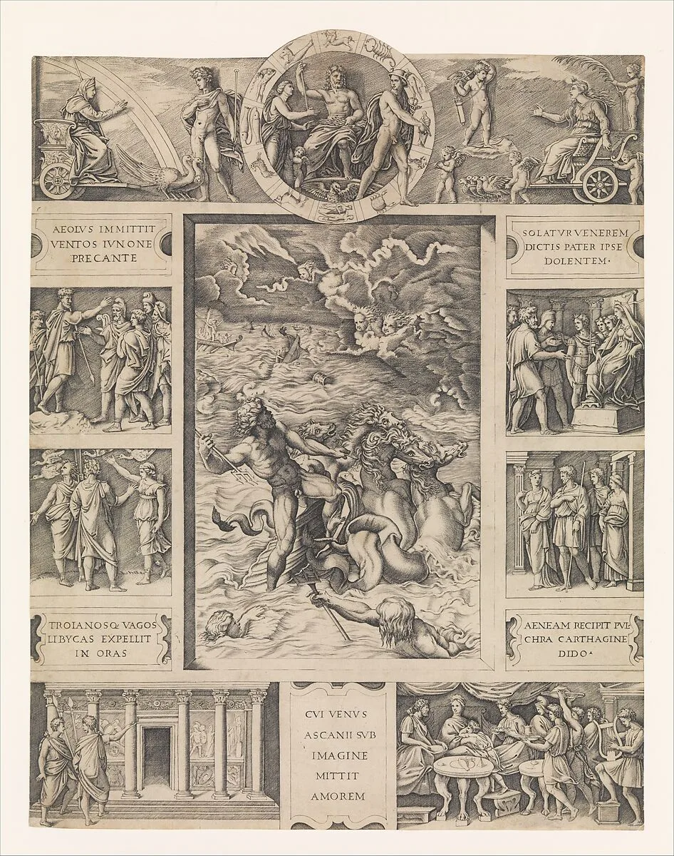 Neptune calming the tempest which Aeolus raised against Aeneas' fleet from Book I of the Aeneid — Marcantonio Raimondi|Raphael (Raffaello Sanzio or Santi)
