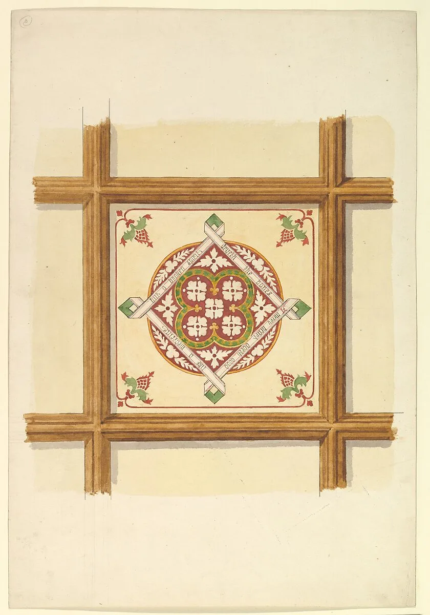 Design for a Coffered and Painted Ceiling in Rust and Olive Green, with a Quatrefoil Motif — John Gregory Crace