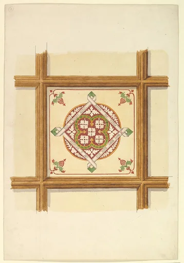 Design for a Coffered and Painted Ceiling in Rust and Olive Green, with a Quatrefoil Motif