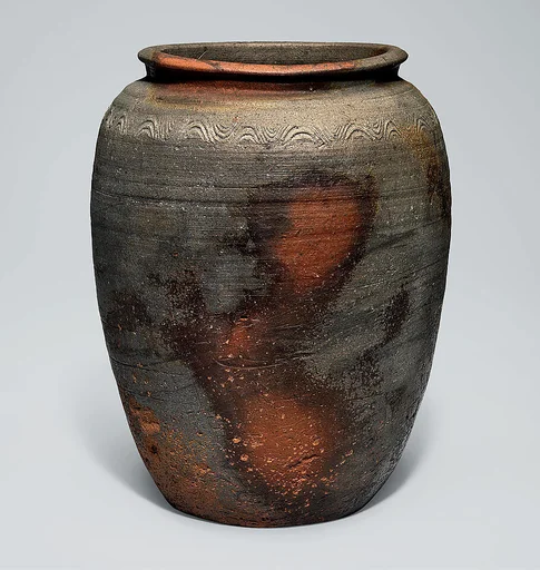 備前押印波状文甕|Widemouthed jar (kame) with wave pattern