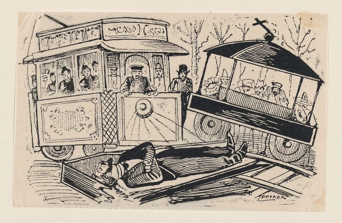 Collision between a trolley and a hearse — José Guadalupe Posada