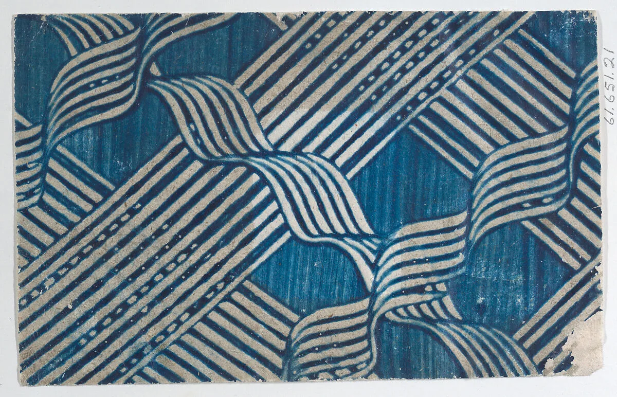 Blue paste paper with stripe and ribbon pattern — Anonymous