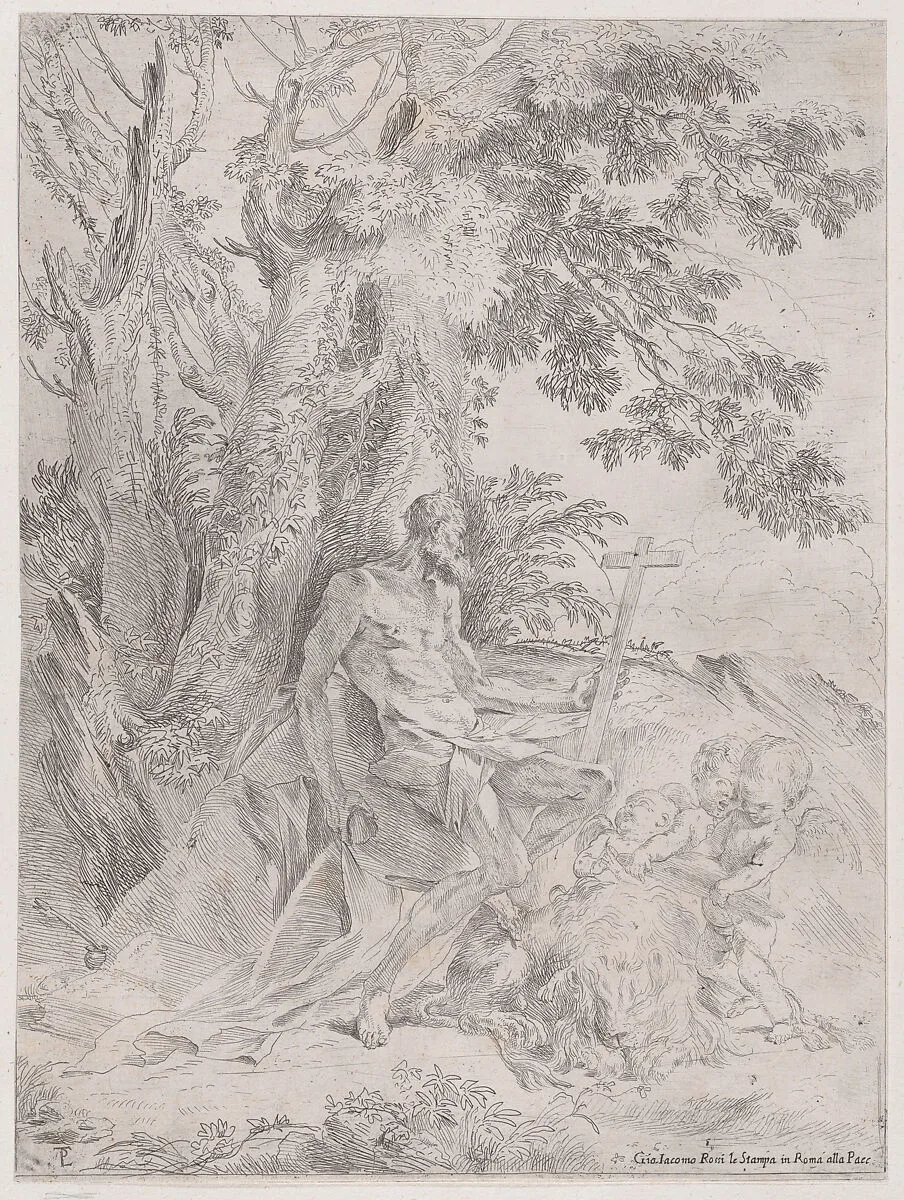 Saint Jerome before a crucifix accompanied by a lion and three putti — Pietro Testa|Giovanni Giacomo De Rossi