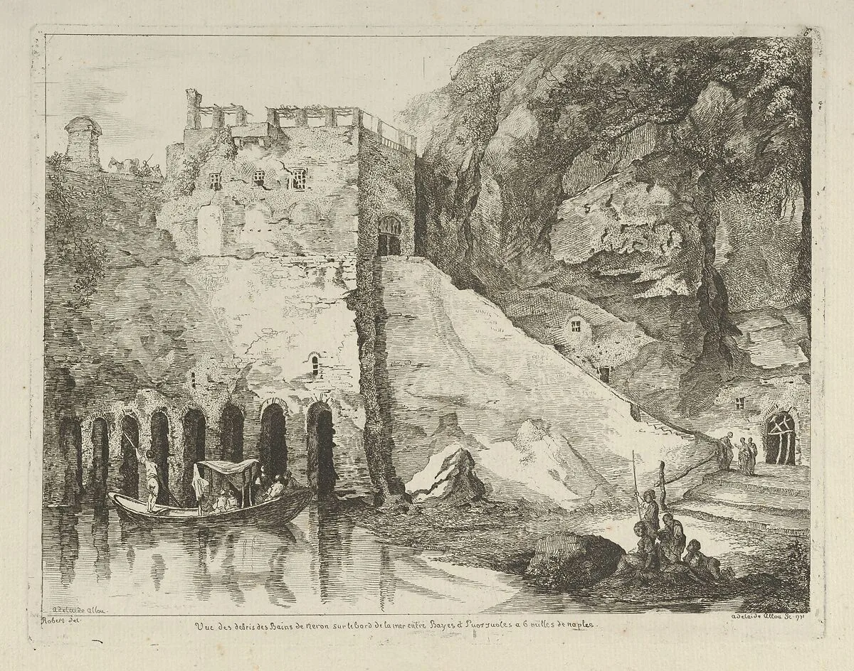 Vue des debris des bains de Neron from Differentes vues dessiné d'après nature... dans les environs de Rome et de Naples — Adélaide Allou|Hubert Robert|Jean Honoré Fragonard|Pierre François Basan