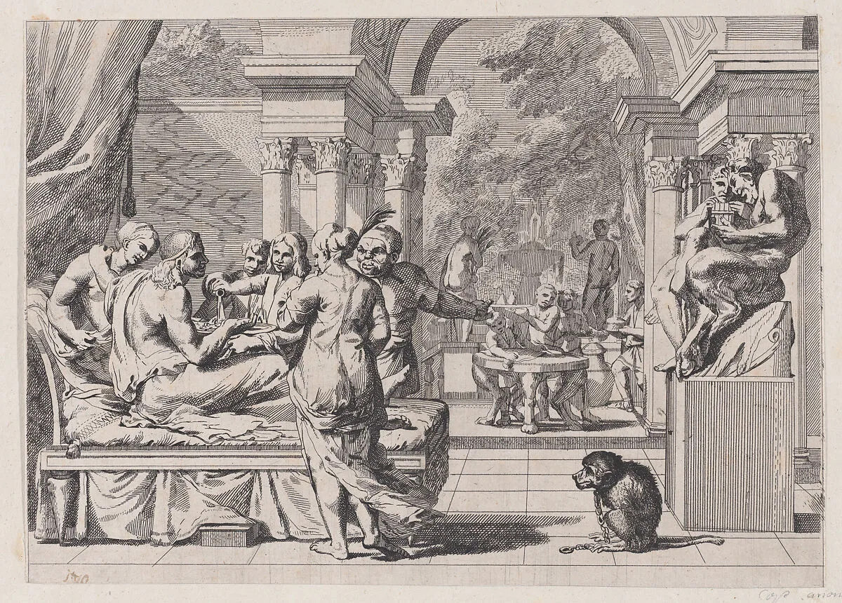 The prodigal son seated on a couch being served wine, revelers in the background, a monkey wearing a collar and chain in the lower right — Pietro Testa|Anonymous, 17th century