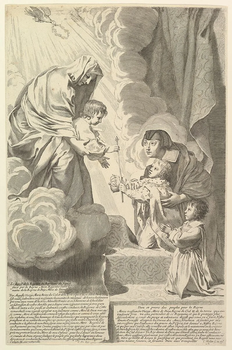 Anne of Austria with the Young Louis XIV and Monsieur before the Virgin and Child (Anne d'Autriche déposant le régence du royaume de France entre les mains de la Vierge Marie) — Claude Mellan
