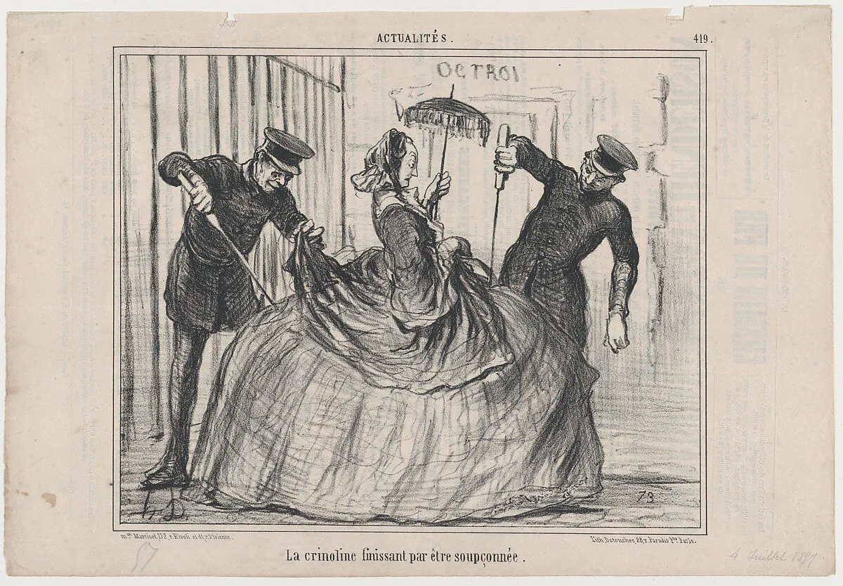 La crinoline finissant par être soupçonnée, from Actualités, published in Le Charivari, July 4, 1857 — Aaron Martinet|Honoré Daumier|Destouches
