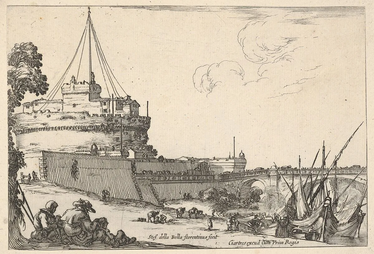 The Castel Sant'Angelo and the Pont Sant'Angelo in Rome, various boats unloading to right, two pilgrims with children seated to left, from 'Varie figure' — Stefano della Bella|François Langlois