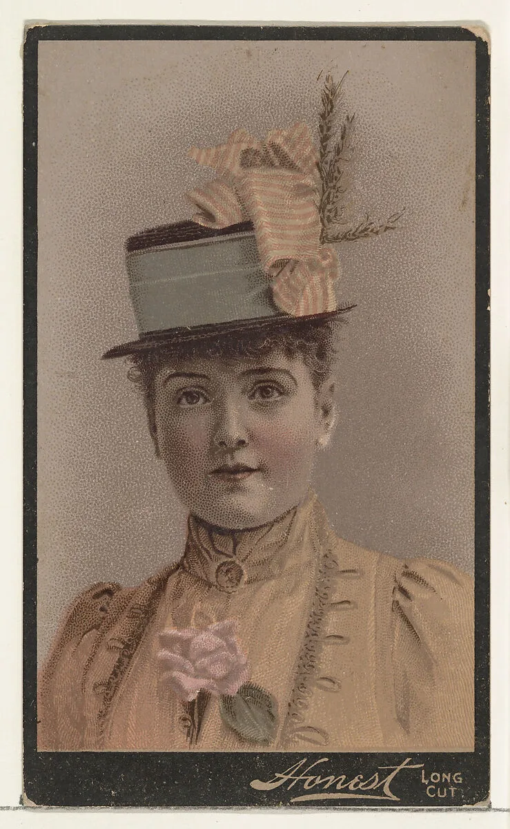 Actress wearing tall structured hat with striped ribbon, from Stars of the Stage, Third Series (N131) issued by Duke Sons & Co. to promote Honest Long Cut Tobacco — American Tobacco Company|W. Duke, Sons & Co.|Joseph P. Knapp