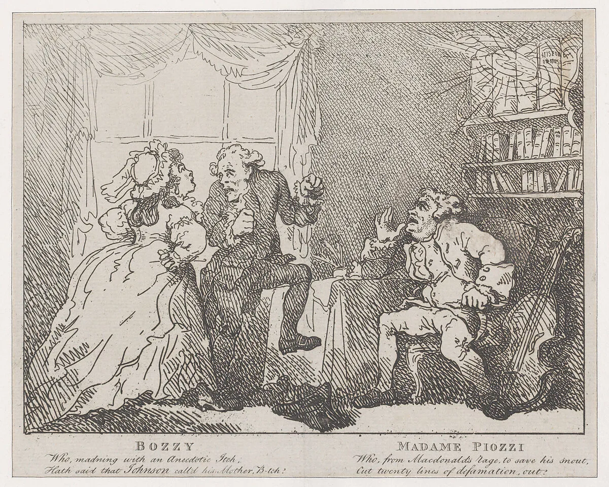 Bozzy and Madame Piozzi (Frontispiece, "Bozzy and Piozzi" by Peter Pindar) — John Wolcot|Thomas Rowlandson|George Kearsley