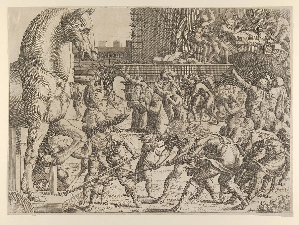 The Trojans Bring the Wooden Horse into Their City — Jean Mignon|Luca Penni