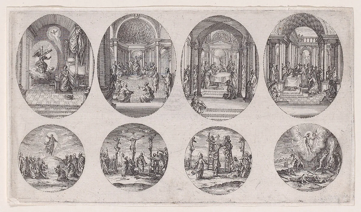 Oval Medallions and Rondels, from Variae tum Passionis Christi tum vitae beatae Mariae Virginis; Les Mystères de la Passion suite appelée aussi Mystères de la Vie de Jésus et Mystères de la Vie de Jésus et de la Vie de la Ste. Vierge (The Mysteries of the Passion, also called the Mysteries of the Life of Jesus, and the Mysteries of the Life of Jesus and of the Virgin) — Jacques Callot