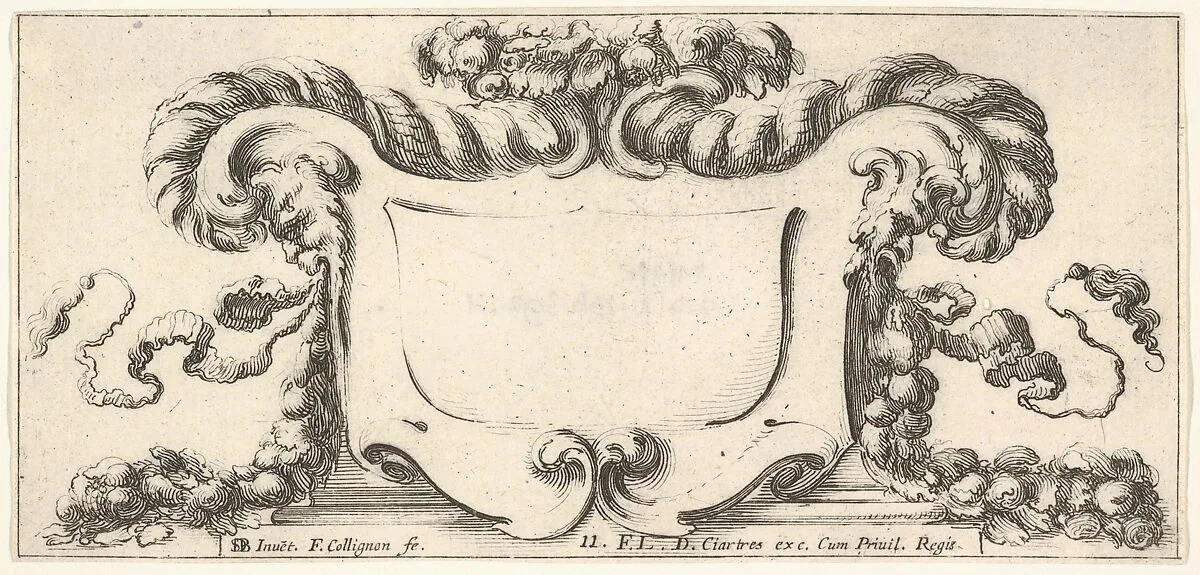 Plate 11: a cartouche with fruits, flowers, and leaves at top, a mask of a faun in profile to either side with a festoon of fruits and flowers in each of their mouths, from 'Twelve cartouches' (Recueil de douze cartouches) — François Langlois|Stefano della Bella|François Collignon