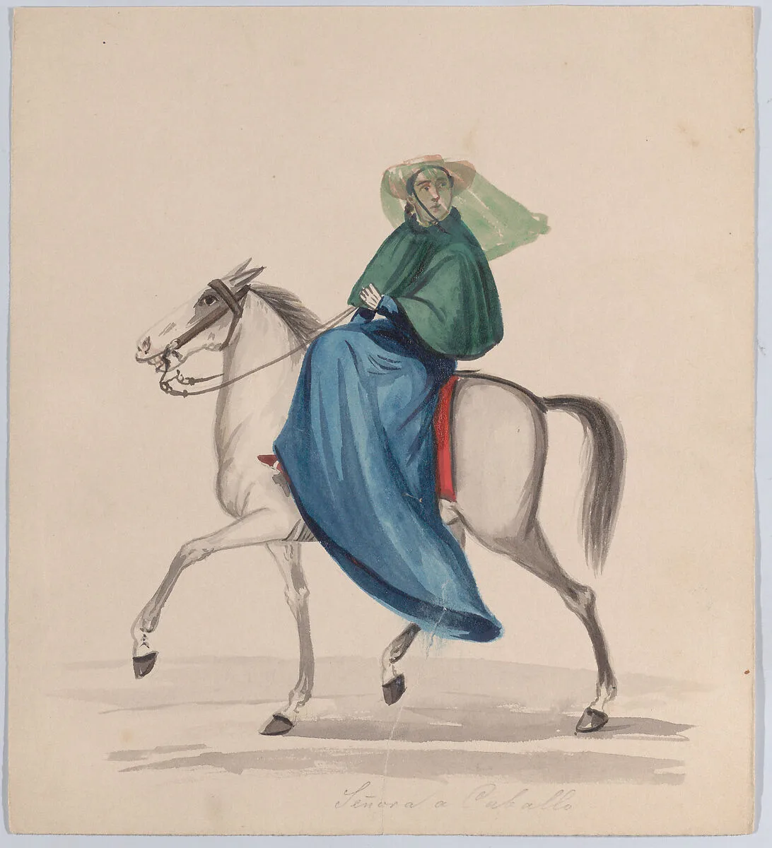 An elegantly dressed woman on horseback, from a group of drawings depicting Peruvian dress — Francisco (Pancho) Fierro