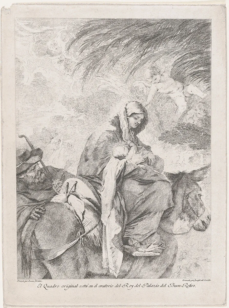 The flight into Egypt, the Virgin and Child on a donkey, Joseph to the left, after Luca Giordano — Luca Giordano|José del Castillo