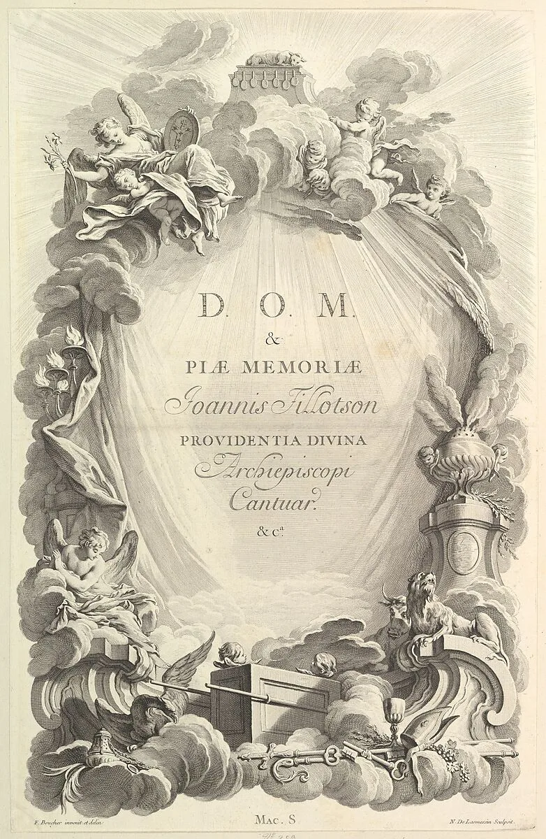 Frontispice pour le "Tombeau de John Tillotson, archevêque de Cantorbéry" (Frontispiece for the "Tomb of John Tillotson, Archbishop fo Canterbery), from Tombeaux des Princes, des Grands Capitaines et autres Hommes illustres (Tombs of Princes, Great Captains, and other Illustrious Men) — François Boucher|Eugene MacSwiny|Nicolas de Larmessin III