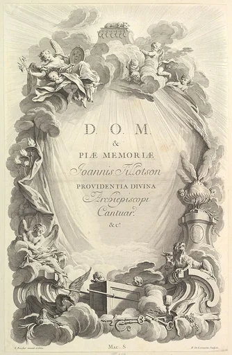 Frontispice pour le "Tombeau de John Tillotson, archevêque de Cantorbéry" (Frontispiece for the "Tomb of John Tillotson, Archbishop fo Canterbery), from Tombeaux des Princes, des Grands Capitaines et autres Hommes illustres (Tombs of Princes, Great Captains, and other Illustrious Men)