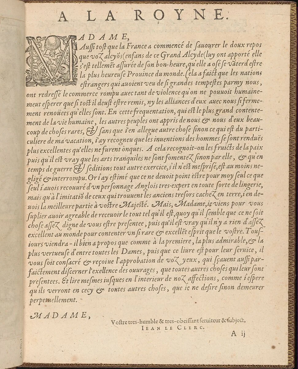 La Pratique de l'Aiguille, page 2 (recto) — Matthias Mignerak|Pierre Firens|Marie de Medici|Jean Le Clerc