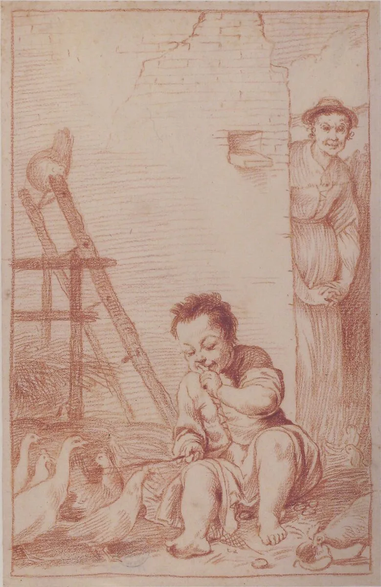 Marcolfa Discovers BertoldinoTrying to Hatch Eggs (recto); Sketch of Bertoldino (verso) — Giuseppe Maria Crespi