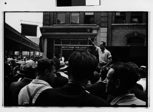 [Two 35mm Film Frames: Strike Rally on Waterfront, New York City]