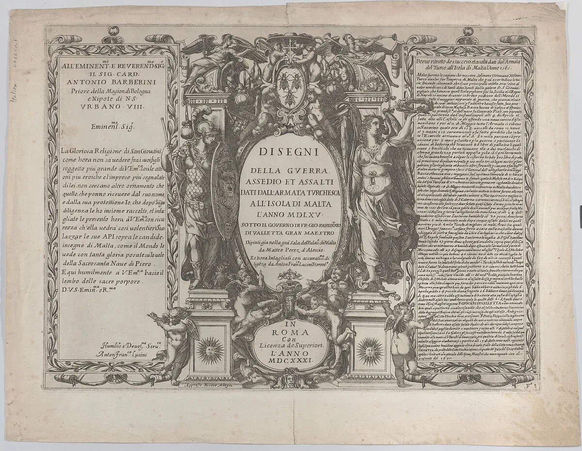 Frontispiece for "Drawings of the war, siege, and assault of the Turkish army on the island of Malta" (Disegni della guerra, assedio et assalti dati dell'armata turchesca all'isola di Malta) — Matteo Perez da Leccio|Antonio Francesco Luccini|Cardinal Antonio Barberini