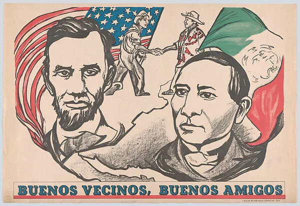 Poster concerning the relationship between the USA and Mexico entitled 'Good neighbours, good friends' — Pablo Esteban O'Higgins|Taller de Gráfica Popular