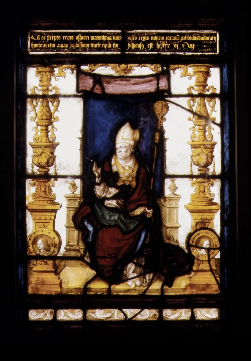 Panel depicting a seated bishop — Unknown